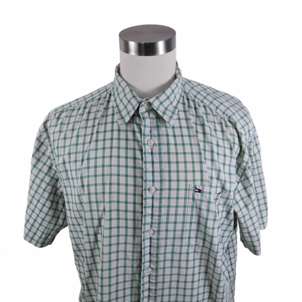 Tommy Hilfiger Mens Cotton SS Button Up Green White Plaid Casual Dress Shirt XL